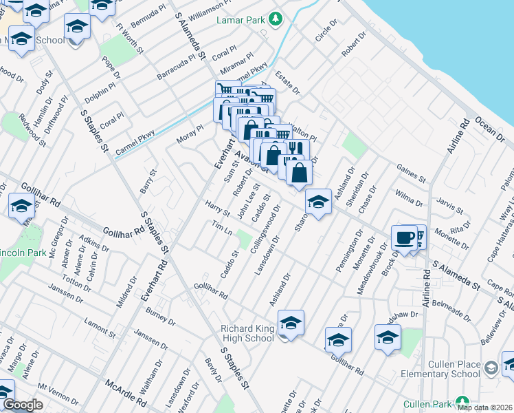 map of restaurants, bars, coffee shops, grocery stores, and more near 626 Caddo Street in Corpus Christi