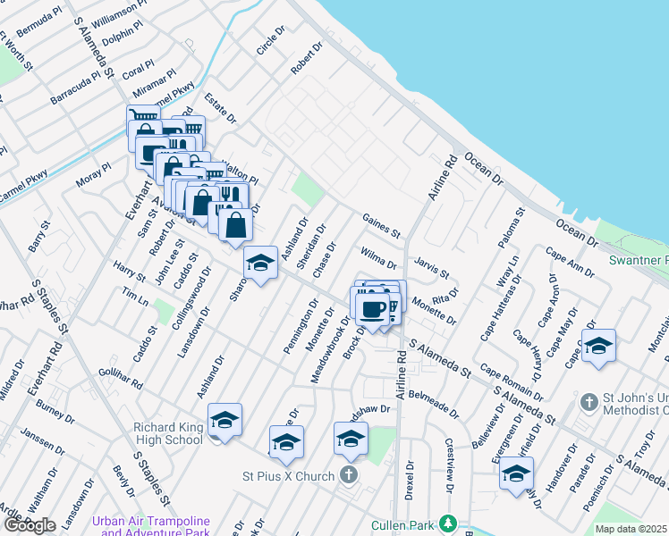 map of restaurants, bars, coffee shops, grocery stores, and more near 442 Pennington Drive in Corpus Christi