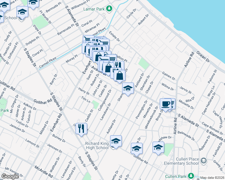 map of restaurants, bars, coffee shops, grocery stores, and more near 605 Collingswood Drive in Corpus Christi