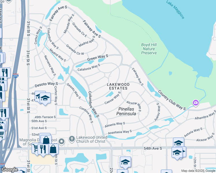 map of restaurants, bars, coffee shops, grocery stores, and more near 2200 Calexico Way S in St Petersburg