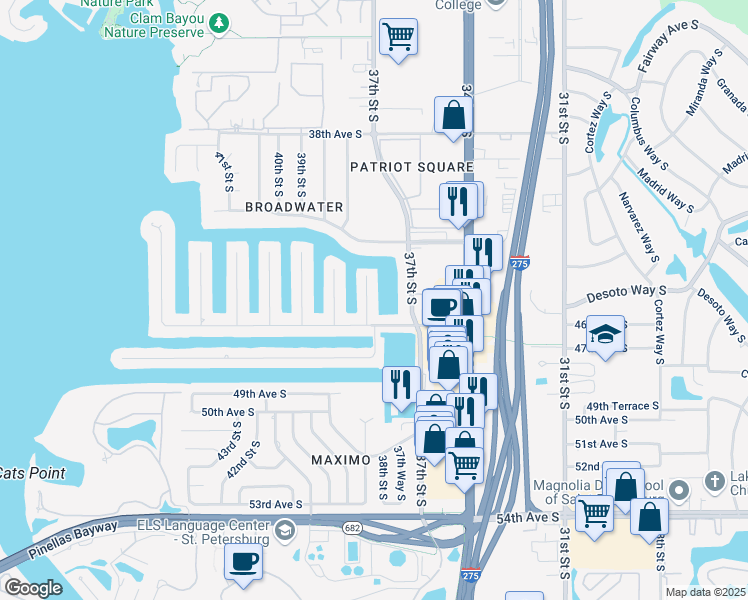 map of restaurants, bars, coffee shops, grocery stores, and more near 4500 38th Street South in St. Petersburg