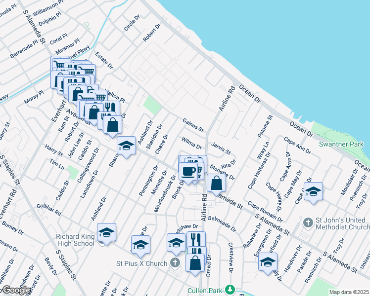 map of restaurants, bars, coffee shops, grocery stores, and more near 4606 Monette Drive in Corpus Christi
