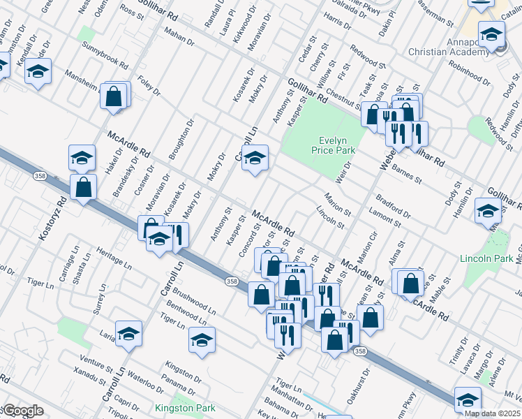 map of restaurants, bars, coffee shops, grocery stores, and more near 4841 Concord Street in Corpus Christi