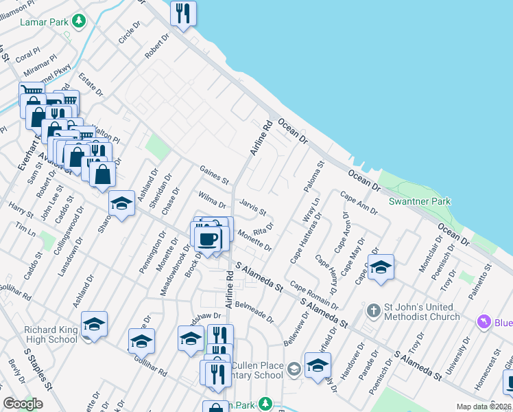 map of restaurants, bars, coffee shops, grocery stores, and more near 4726 Jarvis Street in Corpus Christi
