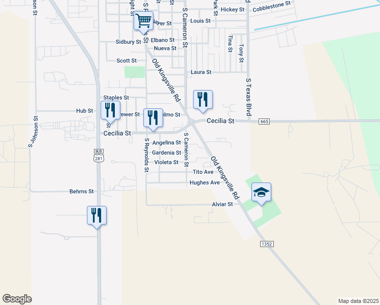 map of restaurants, bars, coffee shops, grocery stores, and more near 2555 South Cameron Street in Alice
