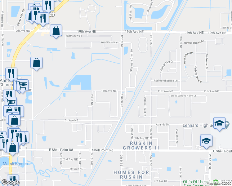 map of restaurants, bars, coffee shops, grocery stores, and more near 1054 Brenton Leaf Drive in Ruskin
