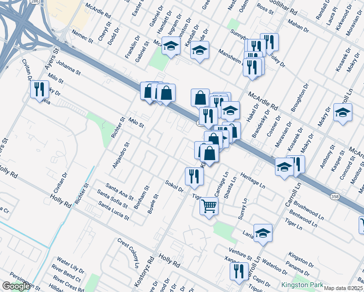 map of restaurants, bars, coffee shops, grocery stores, and more near 5214 Bonham Street in Corpus Christi