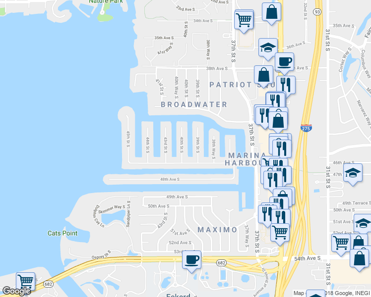 map of restaurants, bars, coffee shops, grocery stores, and more near 4490 40th Street South in St. Petersburg