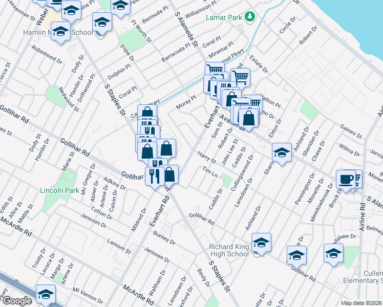 map of restaurants, bars, coffee shops, grocery stores, and more near 4209 Harry Street in Corpus Christi