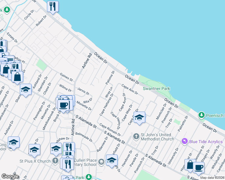 map of restaurants, bars, coffee shops, grocery stores, and more near 229 Cape Hatteras Drive in Corpus Christi