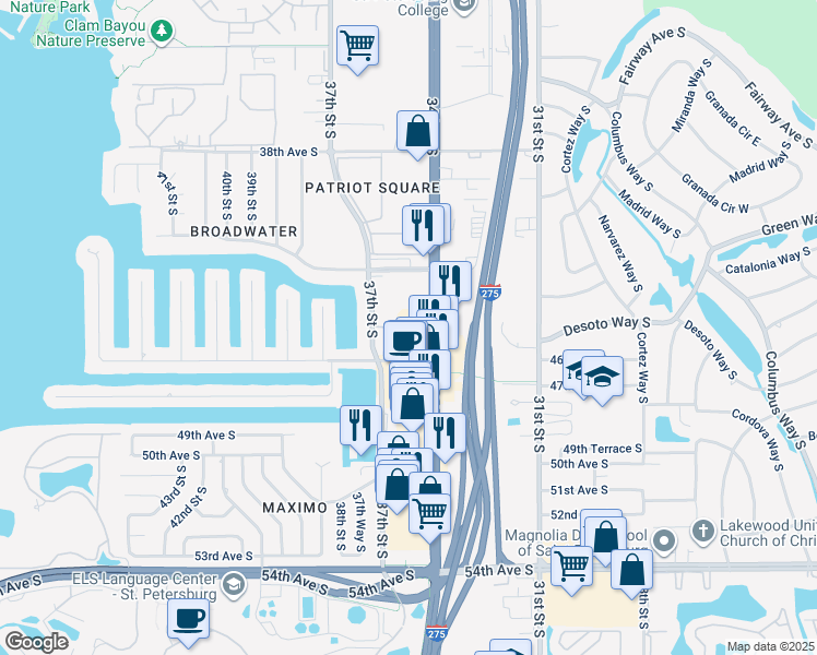 map of restaurants, bars, coffee shops, grocery stores, and more near 4401 34th Street South in St. Petersburg