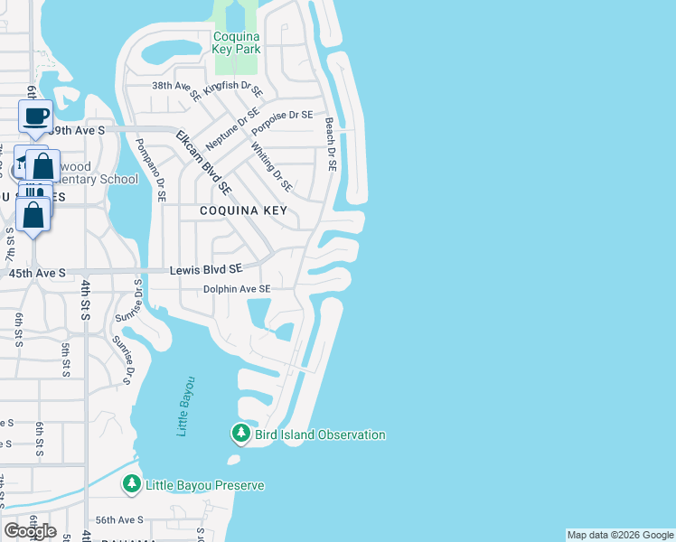 map of restaurants, bars, coffee shops, grocery stores, and more near 585 Dolphin Avenue Southeast in St. Petersburg