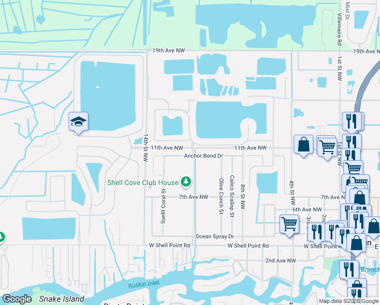 map of restaurants, bars, coffee shops, grocery stores, and more near 1392 11th Avenue Northwest in Ruskin