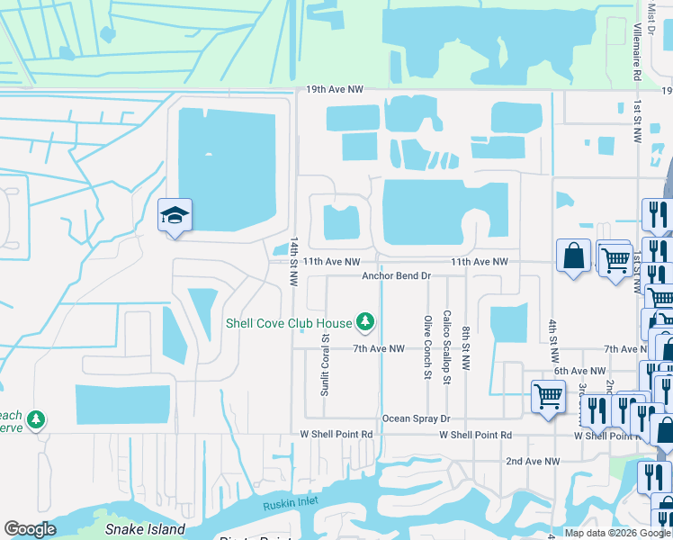 map of restaurants, bars, coffee shops, grocery stores, and more near 1238 Anchor Bend Drive in Ruskin