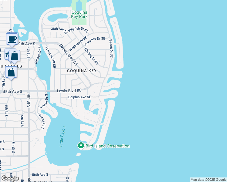 map of restaurants, bars, coffee shops, grocery stores, and more near 585 Dolphin Avenue Southeast in St. Petersburg