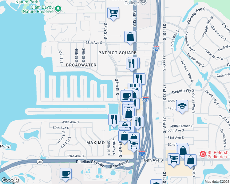 map of restaurants, bars, coffee shops, grocery stores, and more near 4443 37th Street South in St. Petersburg