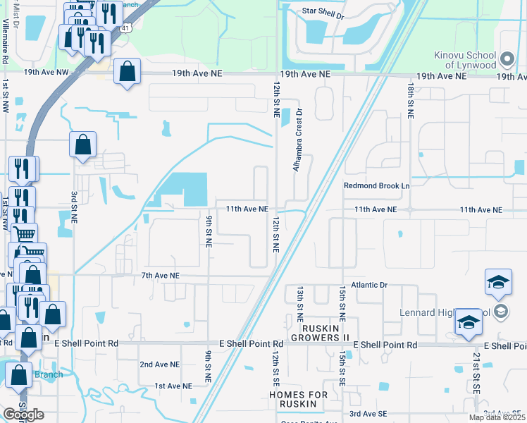map of restaurants, bars, coffee shops, grocery stores, and more near 1202 Brenton Leaf Drive in Ruskin