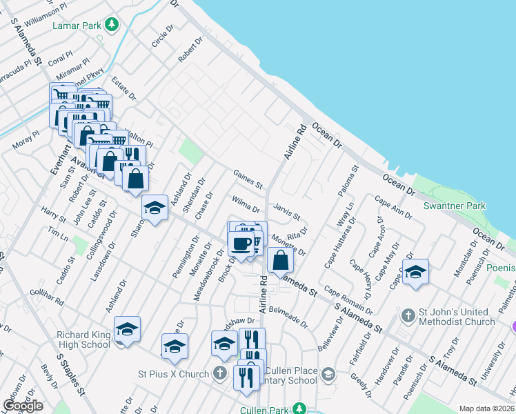 map of restaurants, bars, coffee shops, grocery stores, and more near 4646 Wilma Drive in Corpus Christi