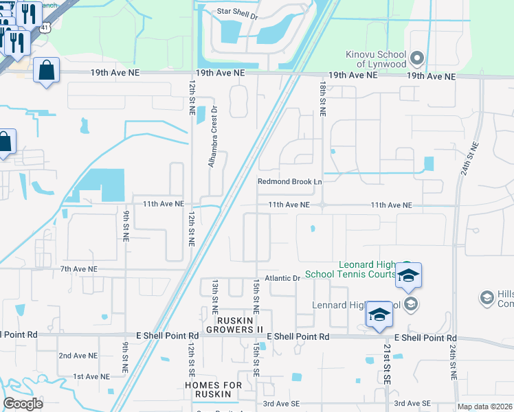map of restaurants, bars, coffee shops, grocery stores, and more near 1099 15th Street Northeast in Ruskin