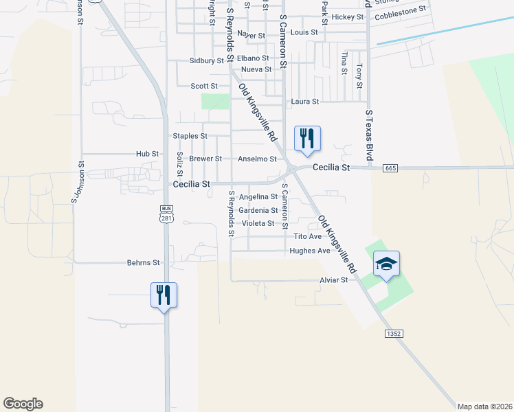 map of restaurants, bars, coffee shops, grocery stores, and more near 507 Gardenia Street in Alice