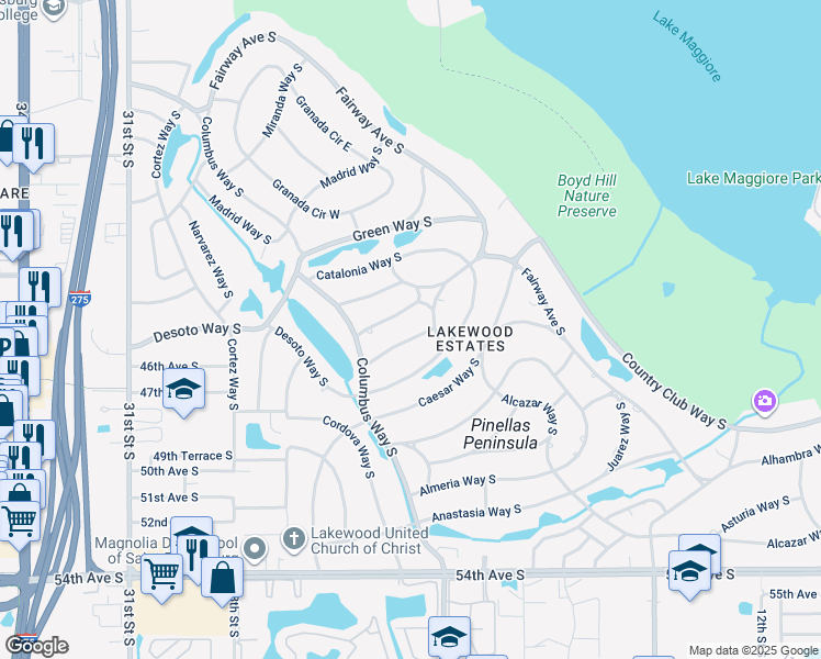 map of restaurants, bars, coffee shops, grocery stores, and more near 2200 Calexico Way South in St. Petersburg