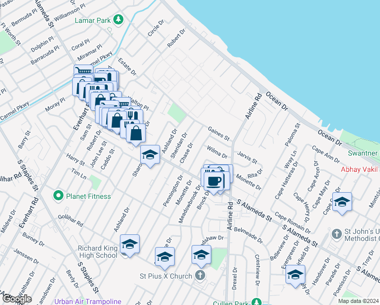 map of restaurants, bars, coffee shops, grocery stores, and more near 437 Chase Drive in Corpus Christi