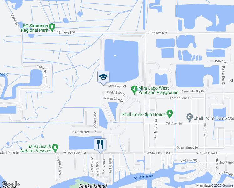 map of restaurants, bars, coffee shops, grocery stores, and more near 1632 Bonita Bluff Court in Ruskin