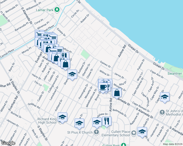 map of restaurants, bars, coffee shops, grocery stores, and more near 442 Pennington Drive in Corpus Christi