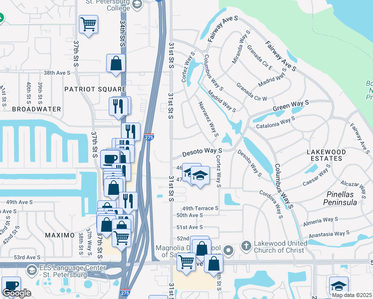 map of restaurants, bars, coffee shops, grocery stores, and more near 3000 Desoto Way South in St. Petersburg