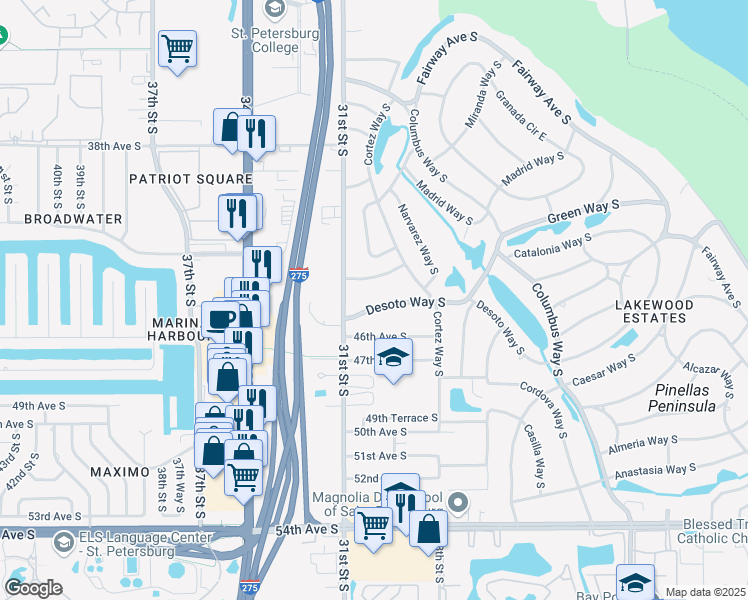 map of restaurants, bars, coffee shops, grocery stores, and more near 3000 Desoto Way South in St. Petersburg
