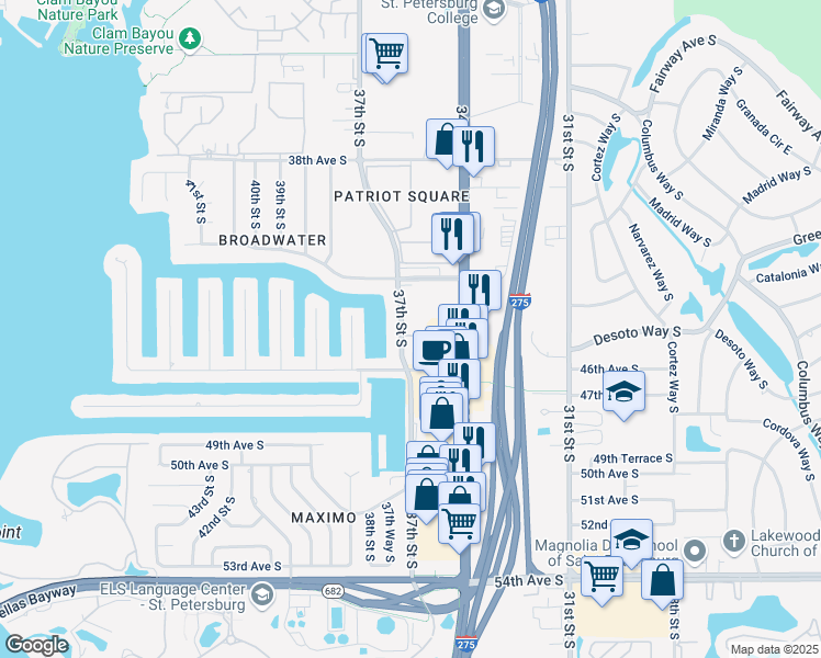 map of restaurants, bars, coffee shops, grocery stores, and more near 4500 37th Street South in St. Petersburg