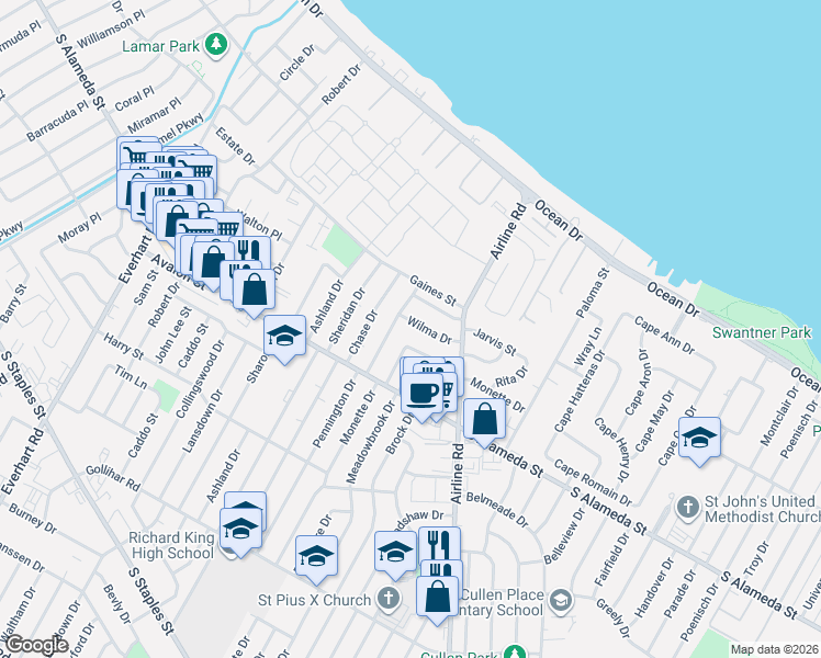 map of restaurants, bars, coffee shops, grocery stores, and more near 4606 Monette Drive in Corpus Christi