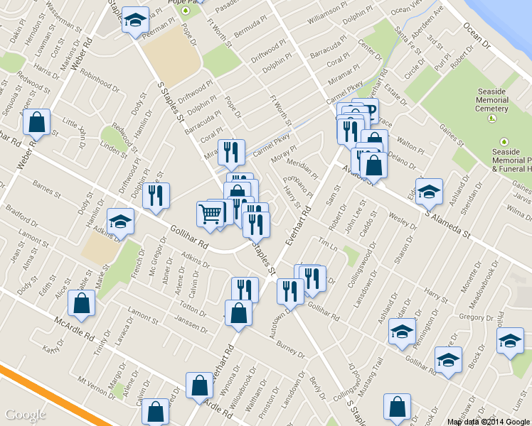 map of restaurants, bars, coffee shops, grocery stores, and more near 802 Barry Street in Corpus Christi