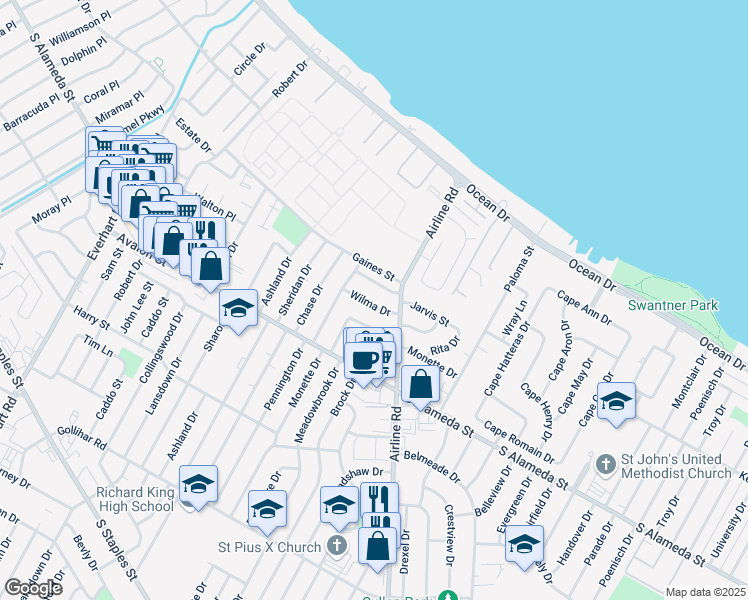 map of restaurants, bars, coffee shops, grocery stores, and more near 4606 Monette Drive in Corpus Christi