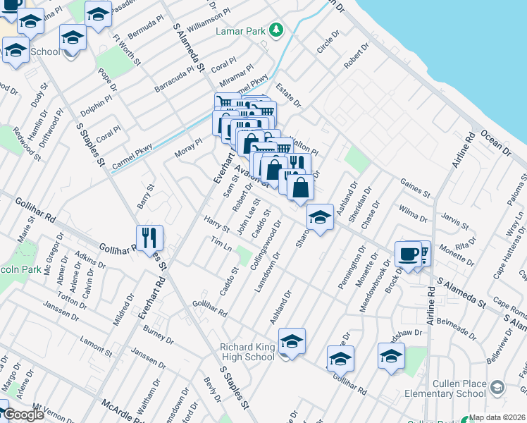 map of restaurants, bars, coffee shops, grocery stores, and more near 626 Caddo Street in Corpus Christi