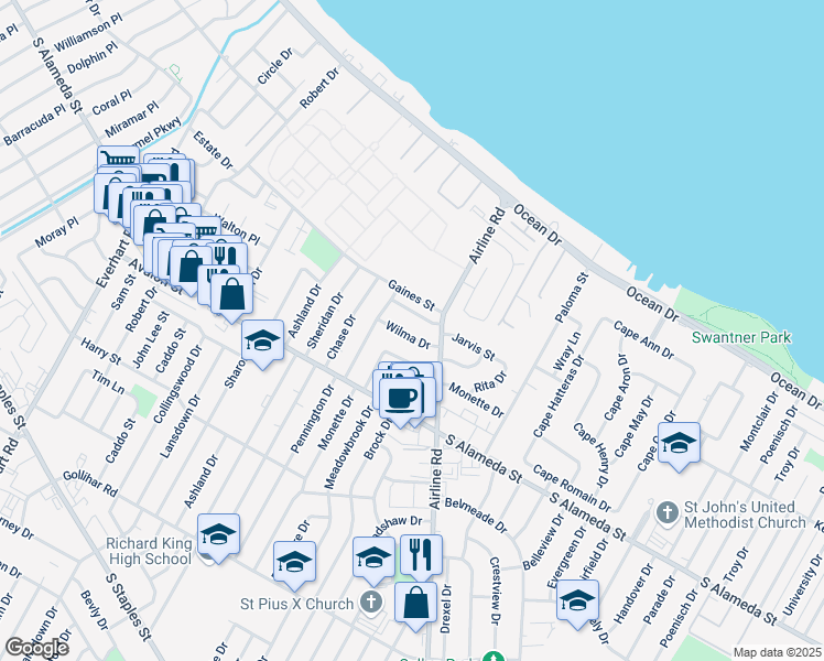 map of restaurants, bars, coffee shops, grocery stores, and more near 4606 Monette Drive in Corpus Christi