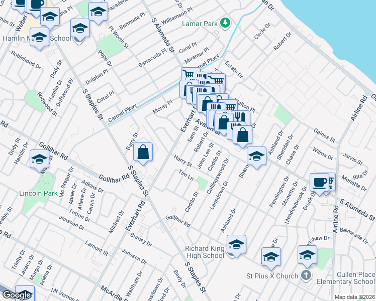map of restaurants, bars, coffee shops, grocery stores, and more near 661 Robert Drive in Corpus Christi