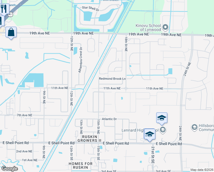 map of restaurants, bars, coffee shops, grocery stores, and more near 1515 Climbing Dayflower Drive in Ruskin