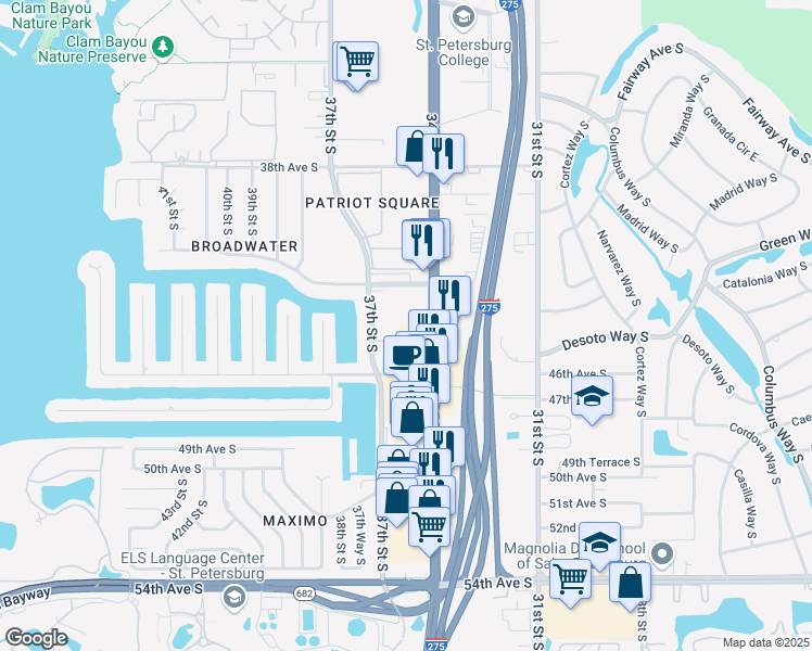 map of restaurants, bars, coffee shops, grocery stores, and more near 4401 34th St S in St Petersburg