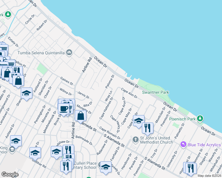 map of restaurants, bars, coffee shops, grocery stores, and more near 229 Cape Hatteras Drive in Corpus Christi