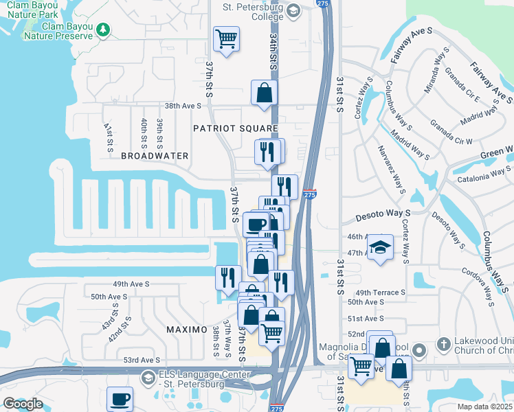 map of restaurants, bars, coffee shops, grocery stores, and more near 4341 34th Street South in St. Petersburg