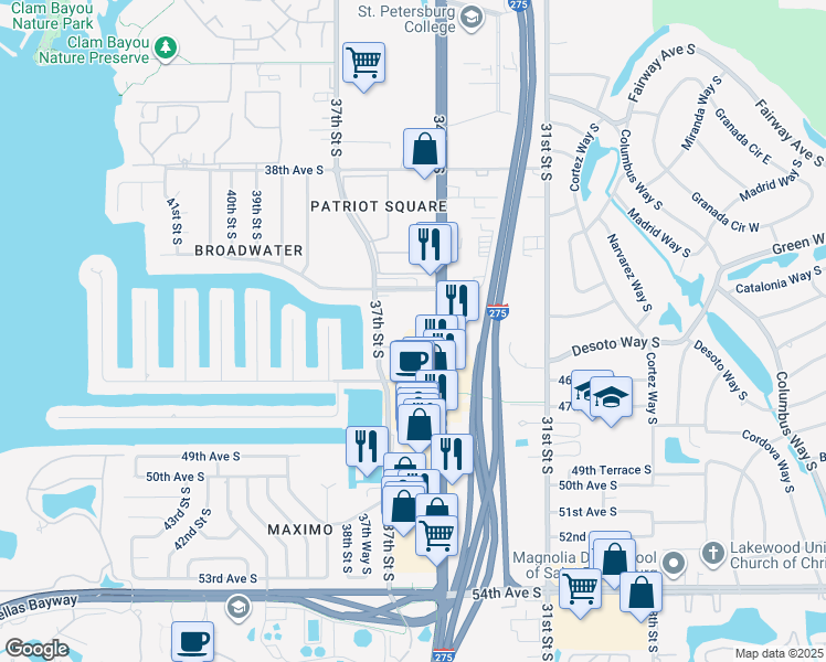 map of restaurants, bars, coffee shops, grocery stores, and more near 4341 34th Street South in St. Petersburg