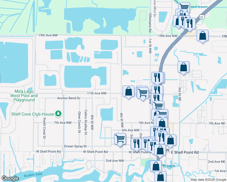 map of restaurants, bars, coffee shops, grocery stores, and more near 491 11th Avenue Northwest in Ruskin