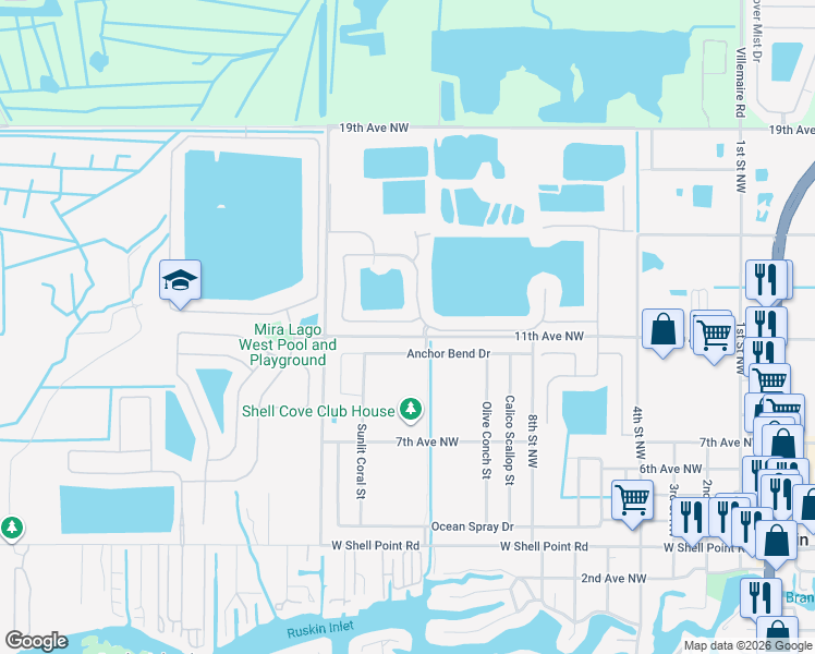 map of restaurants, bars, coffee shops, grocery stores, and more near 1143 Seminole Sky Drive in Ruskin