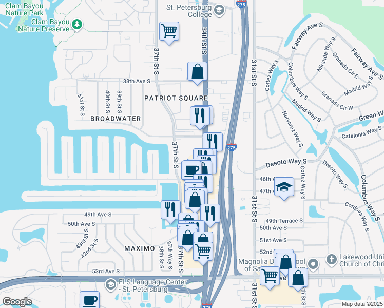 map of restaurants, bars, coffee shops, grocery stores, and more near 4241-4253 34th Street South in Saint Petersburg