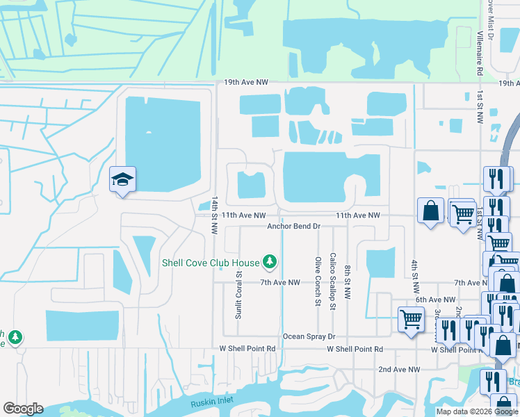map of restaurants, bars, coffee shops, grocery stores, and more near 1130 Seminole Sky Drive in Ruskin