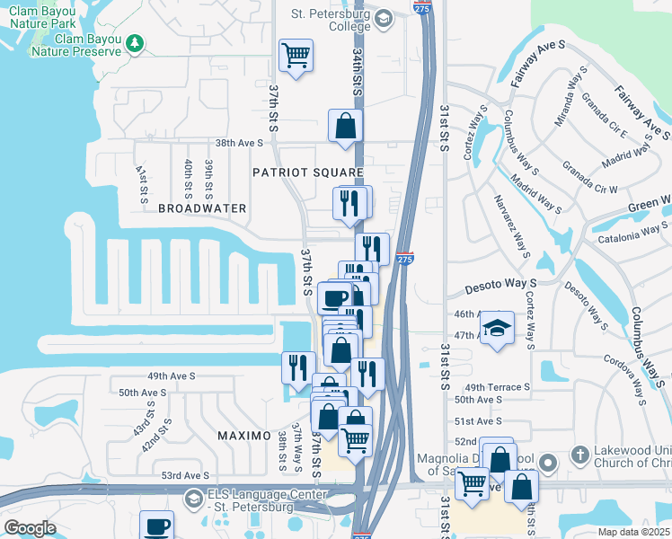 map of restaurants, bars, coffee shops, grocery stores, and more near 4241-4253 34th Street South in Saint Petersburg