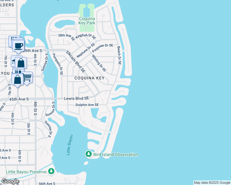 map of restaurants, bars, coffee shops, grocery stores, and more near 527 Lewis Boulevard Southeast in Saint Petersburg