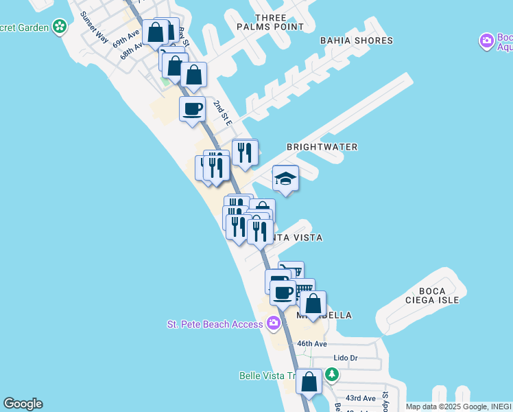 map of restaurants, bars, coffee shops, grocery stores, and more near 5410 Aloha Drive in St. Pete Beach