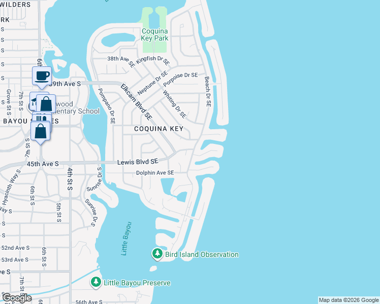 map of restaurants, bars, coffee shops, grocery stores, and more near 490 Lewis Boulevard Southeast in Saint Petersburg